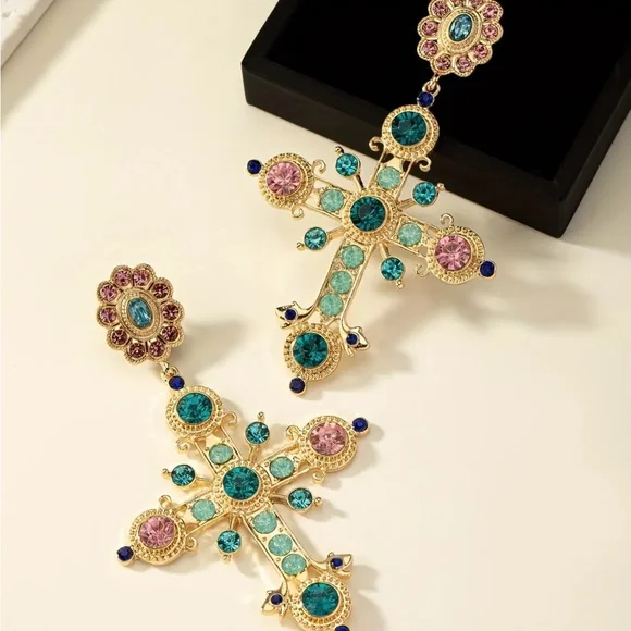 Elegant Gold and Teal Cross Earrings - Picture 3 of 7